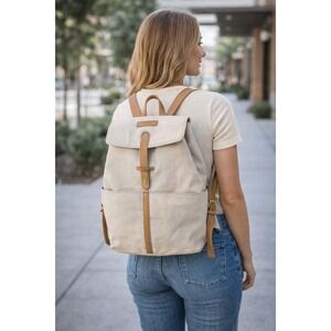 Kapten & Son Canvas Backpack Gray Tan Leather Minimalist Travel Work Bag
